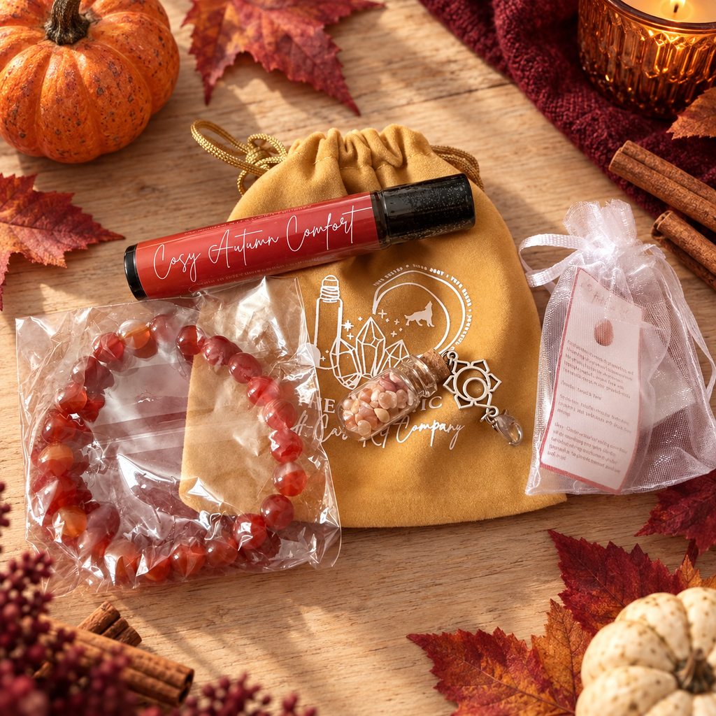 Cosy Autumn Comfort velvet gift bag with pumpkin spice roller blend, red carnelian bracelet, crystals and chip bottle charm